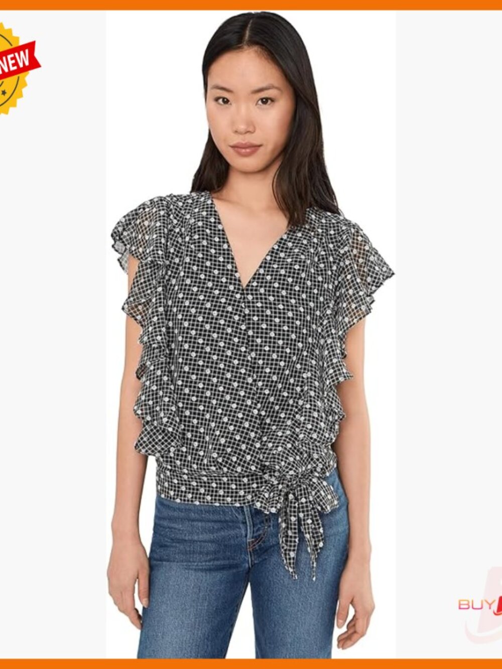 Short Ruffle Sleeve Draped Front Woven Blouse Regular Fit Pull On